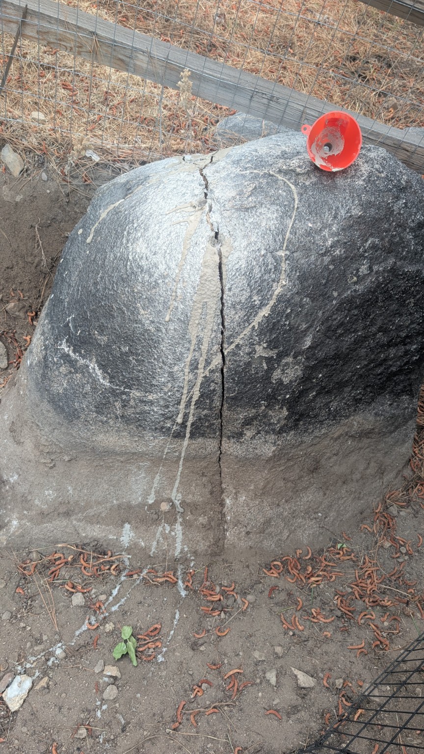 A full-height crack running down the face of a granite boulder
